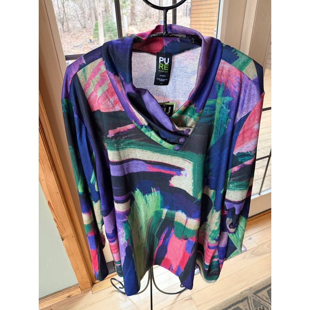Pure Essence Womens 3X Abstract Brushstroke Cowl Neck Button Top Multicolor NEW